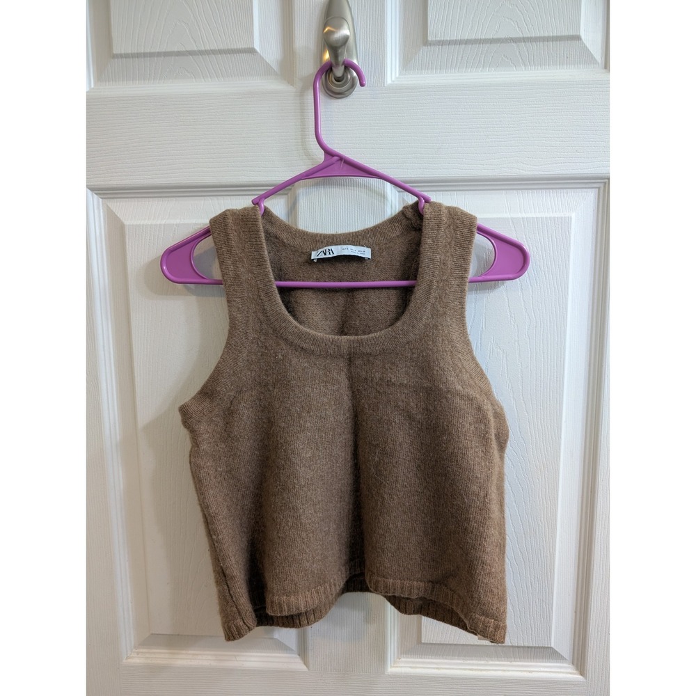 Zara Brown Knit Ribbed Tank‎ Top Sweater Cropped 100% Wool - Size S